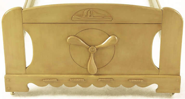 Mid-20th Century Pair of Twin Beds with Carved Propeller and Sailboat Reliefs