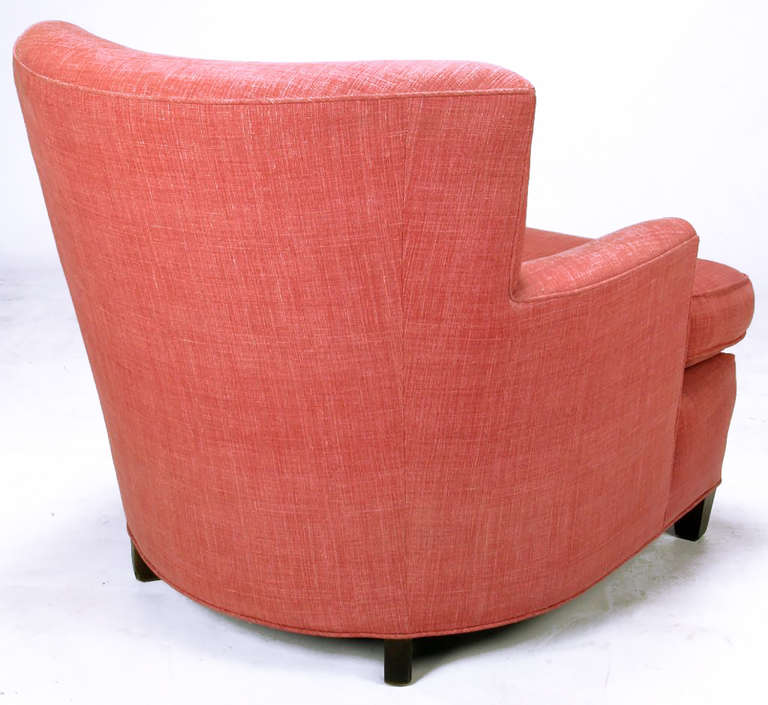 1940s Raspberry Red Linen Dunbar Style Club Chair In Excellent Condition In Chicago, IL
