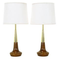 Pair of Lightolier Brass and Walnut Table Lamps 4