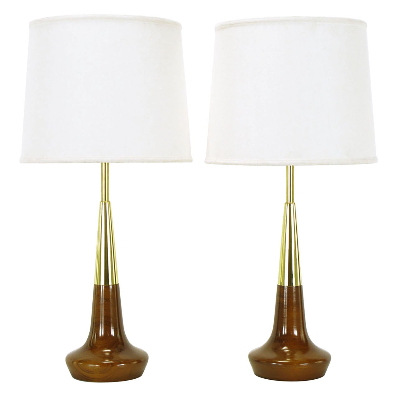 Pair of Lightolier Brass and Walnut Table Lamps For Sale