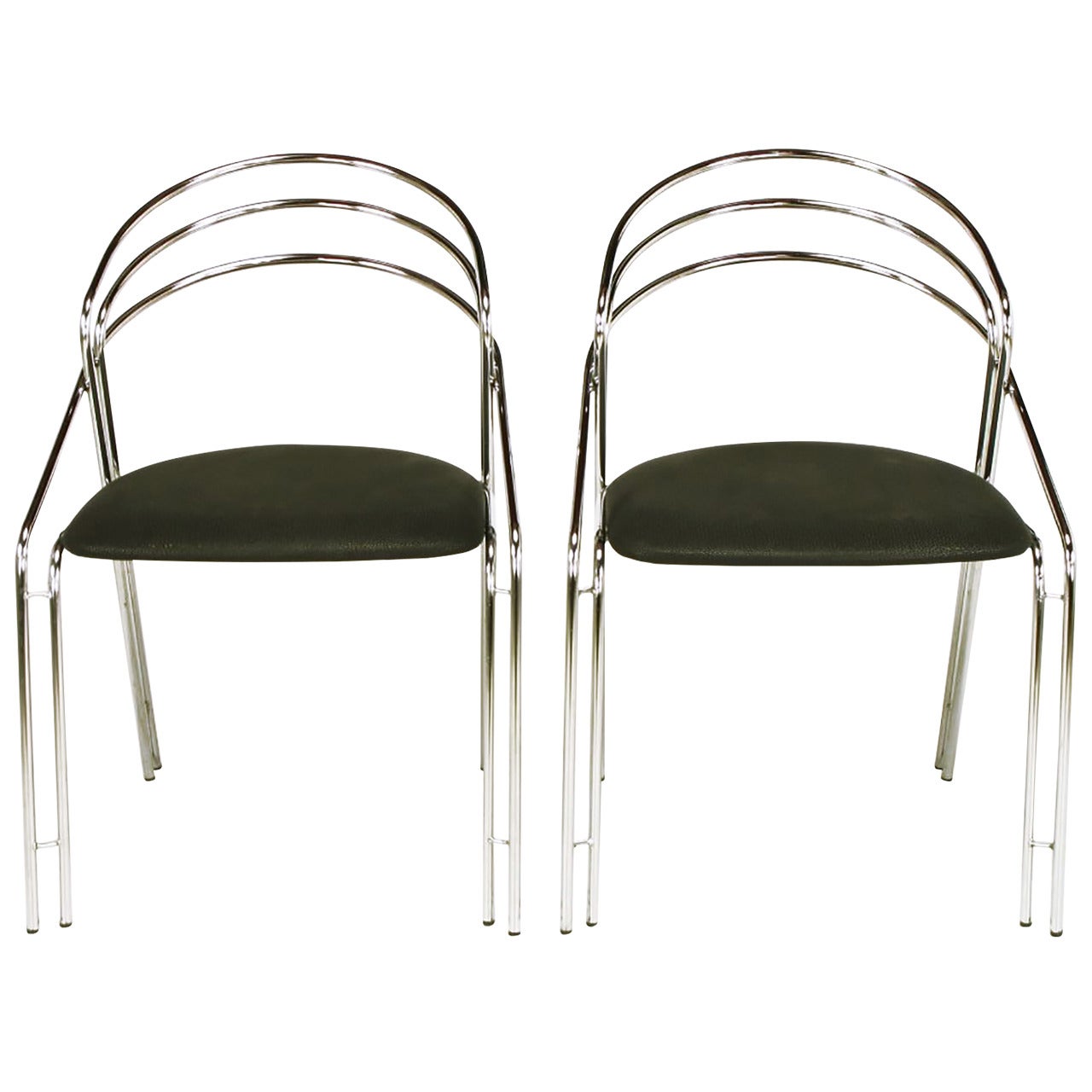 Pair of Italian Postmodern Chrome and Black Side Chairs For Sale
