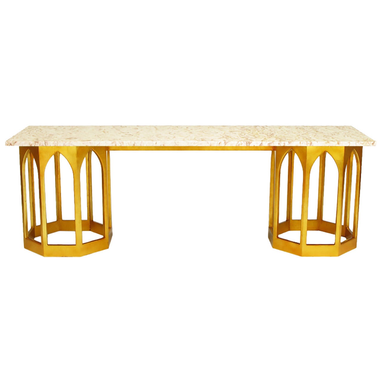 Table console à plateau en marbre avec deux bases octogonales dorées