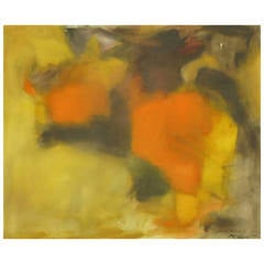 Signed Abstract Oil Painting on Canvas in Ochre, Green and Orange 1