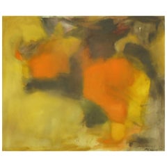 Peinture à l'huile abstraite sur toile signée en ocre, vert et orange