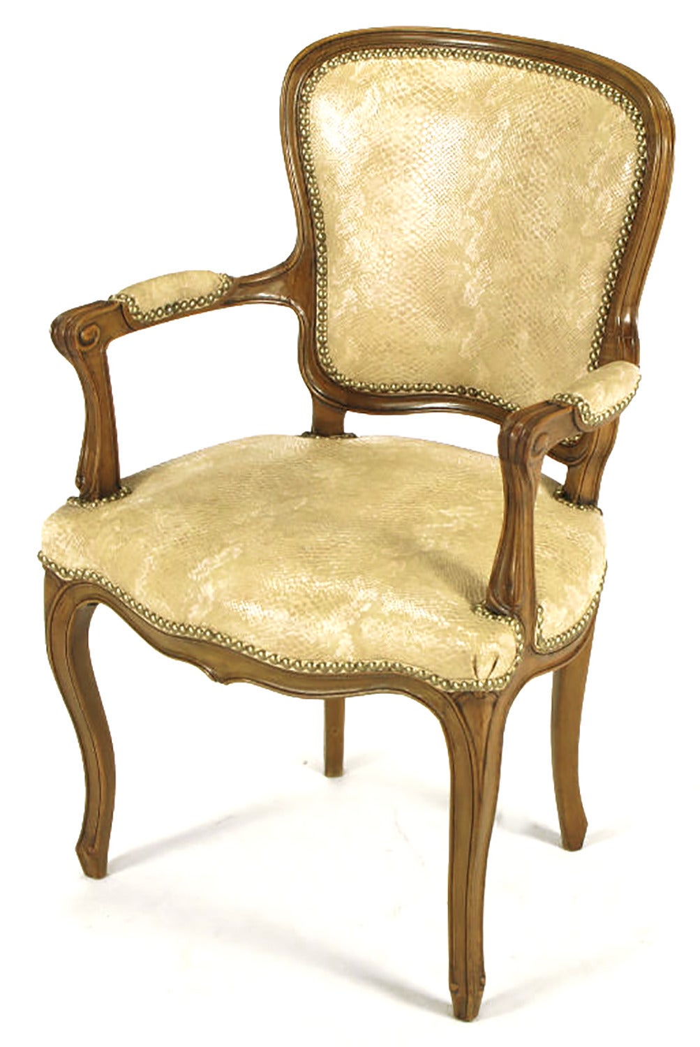 American Pair of Walnut Louis XV Style Armchairs in Faux Python For Sale
