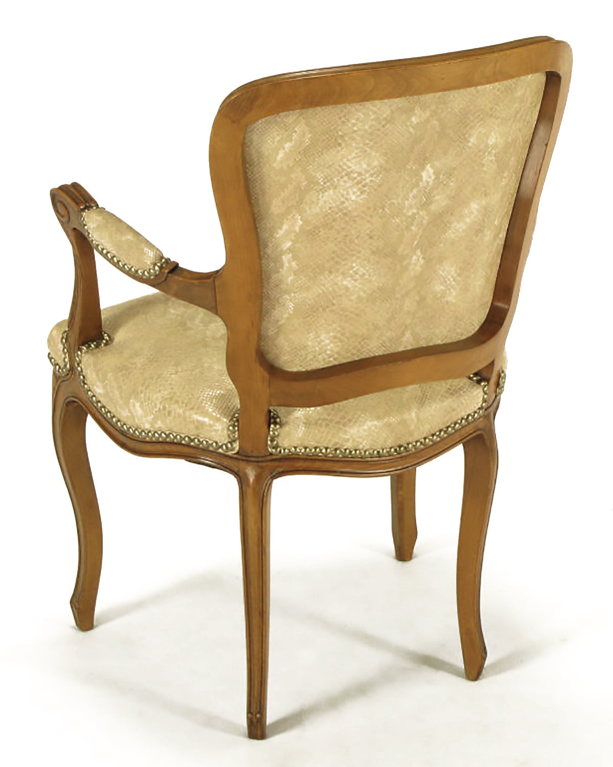Mid-20th Century Pair of Walnut Louis XV Style Armchairs in Faux Python For Sale