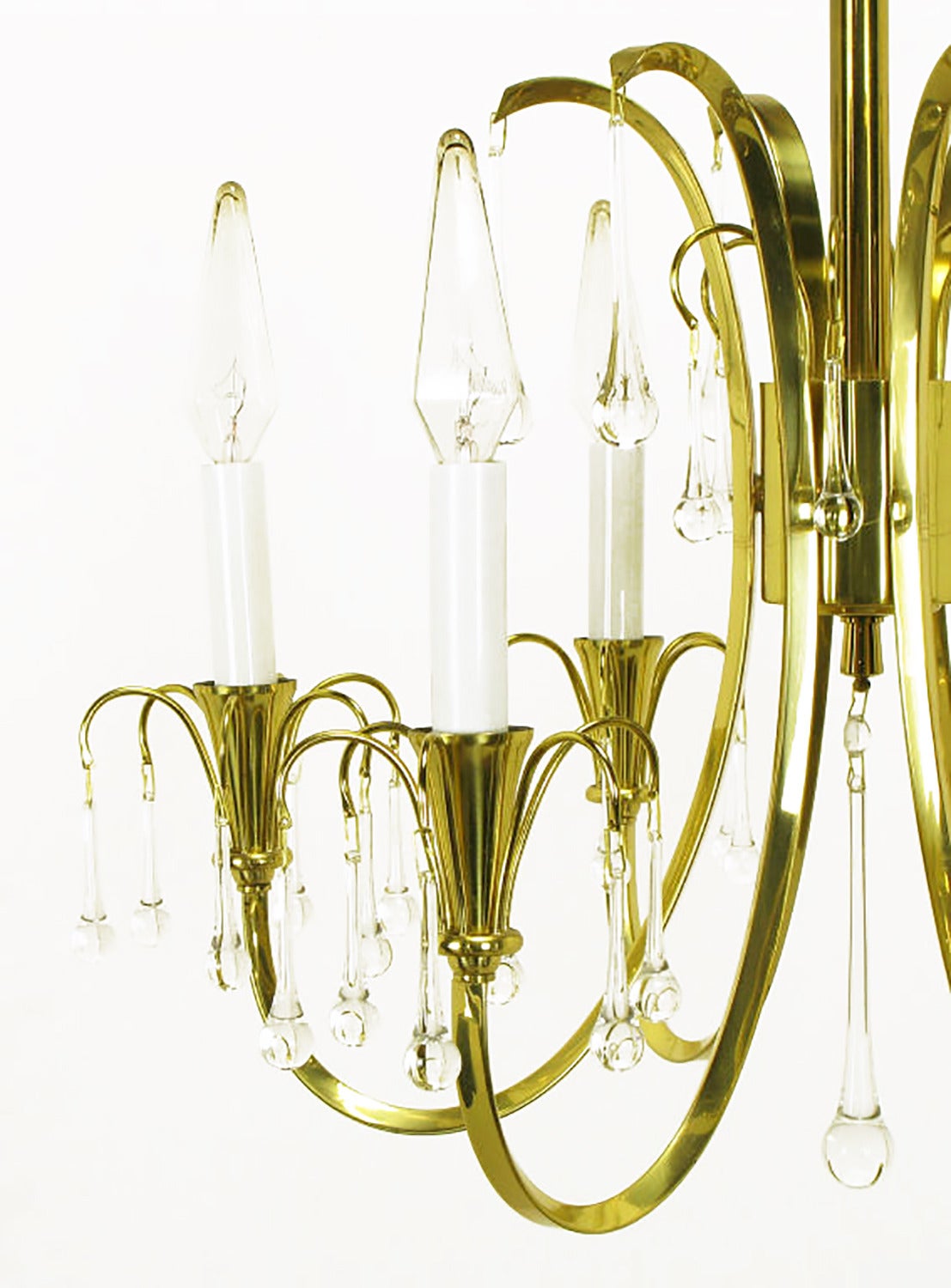 American Modernist Brass Chandelier with Raindrop Crystals For Sale