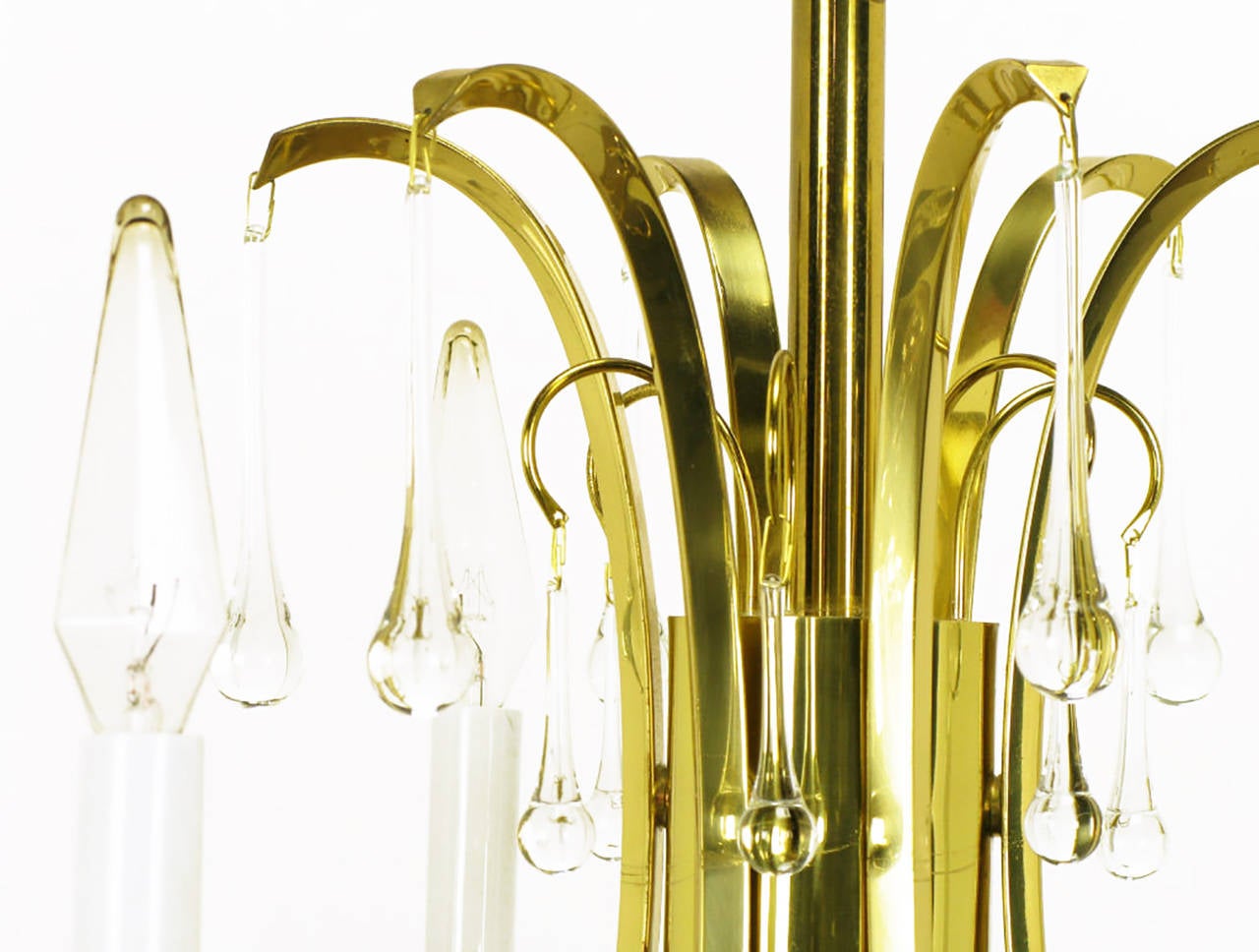 Modernist Brass Chandelier with Raindrop Crystals In Excellent Condition For Sale In Chicago, IL
