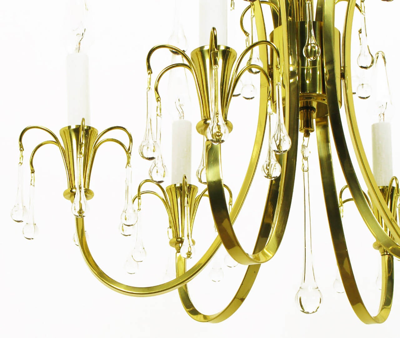 Mid-20th Century Modernist Brass Chandelier with Raindrop Crystals For Sale