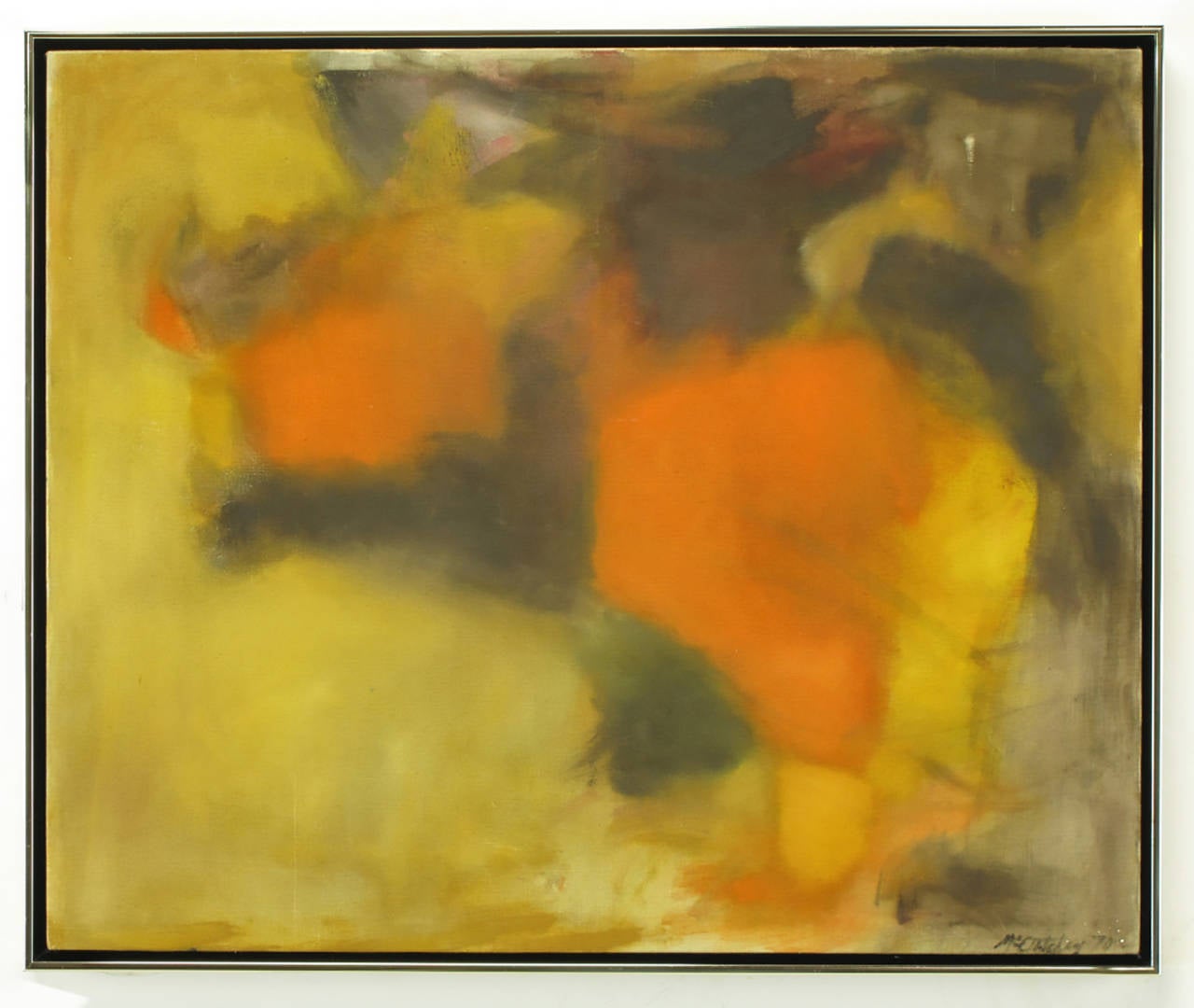 Olio e acrilico astratto su tela molto ben eseguito. I colori della terra sono ocra, arancione e verde. Firma in basso a destra e data 1970. Circondato da una sottile cornice in stile galleria in cromo spazzolato e nero. 

Dimensioni: Cornice