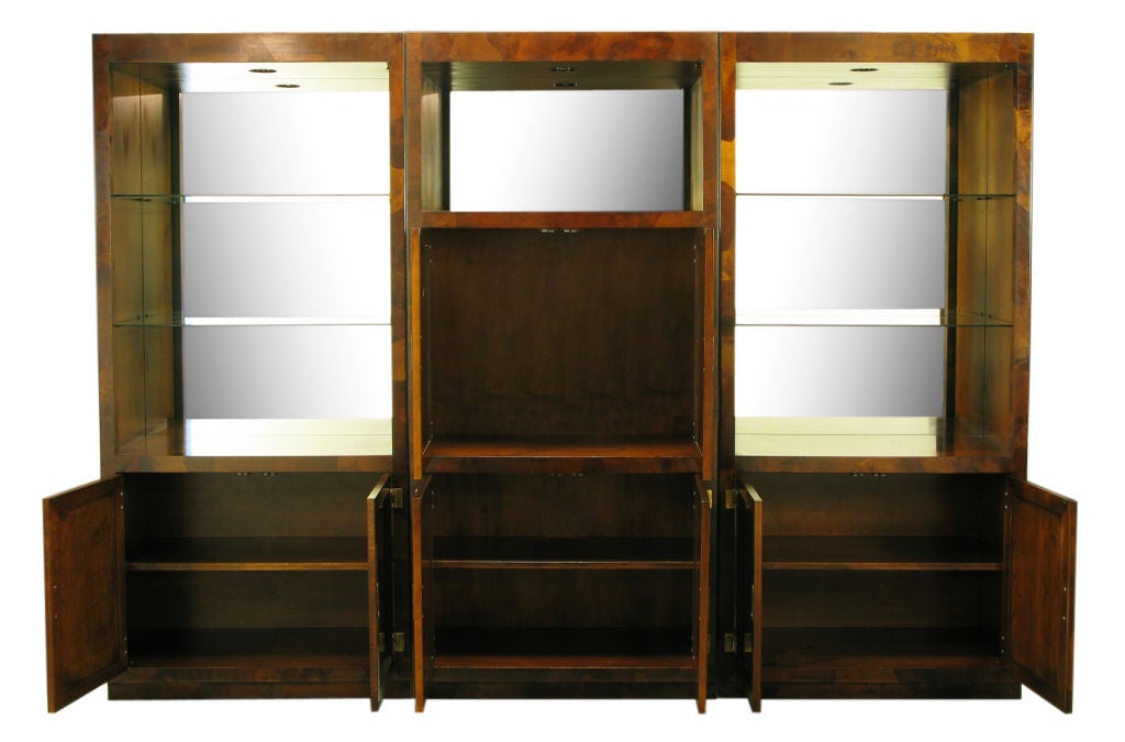 Trio Of Hekman Tall Campaign Cabinets In Patchwork Burl