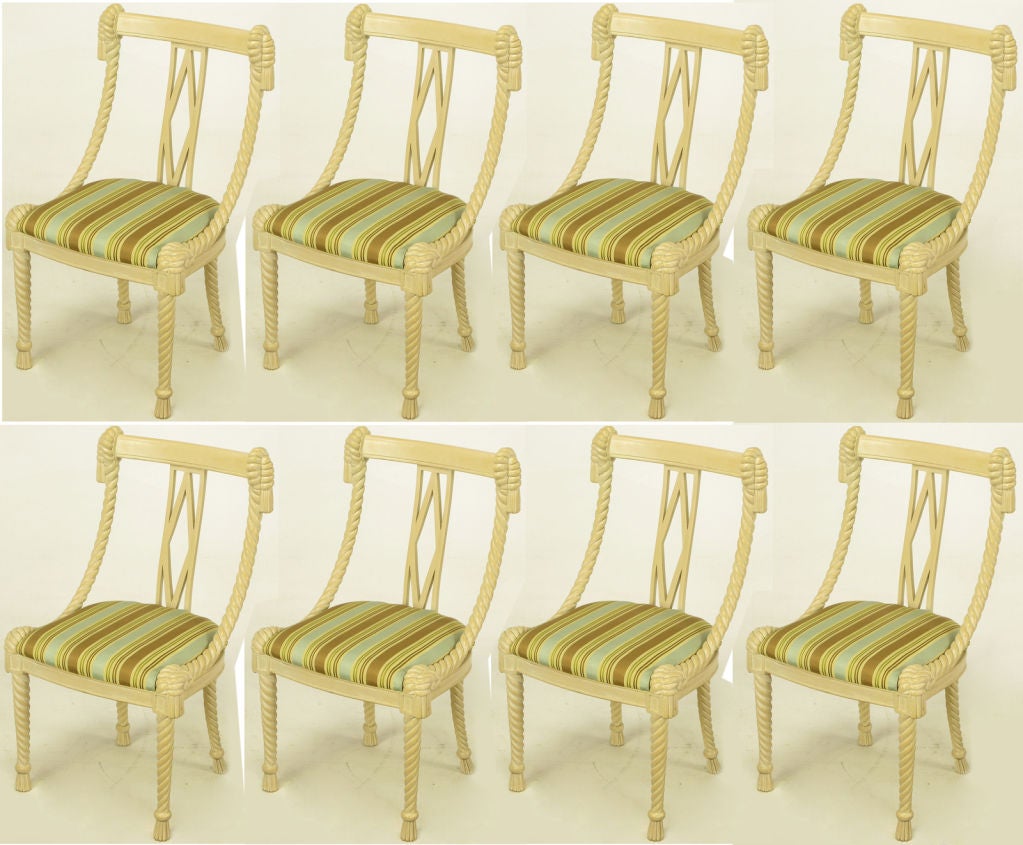 Set Eight Ivory Glazed Carved Wood Rope & Tassel dining Chairs