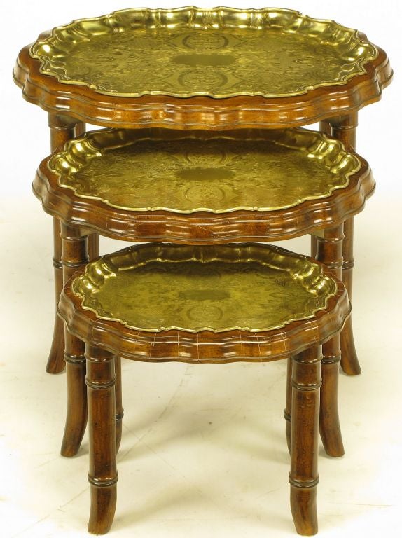 Set Three Carved Walnut & Etched Brass Tray Nesting Tables.