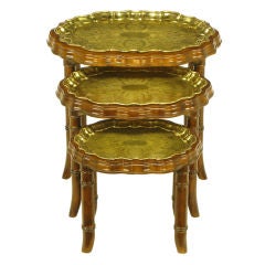 Set Three Carved Walnut & Etched Brass Tray Nesting Tables.