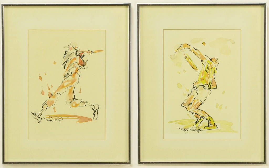 Pair Water Color & Ink Paintings Of Baseball & Tennis Players