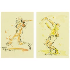 Pair Water Color 
Ink Paintings Of Baseball 
Tennis Players