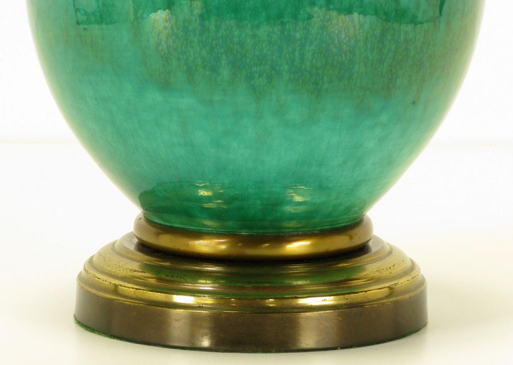 American Pair Emerald Green Crackle Glazed Ginger Jar Table Lamps