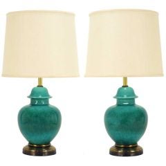Pair Emerald Green Crackle Glazed Ginger Jar Table Lamps