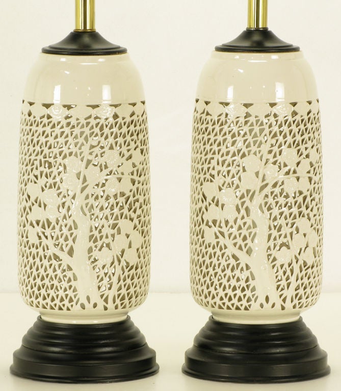 American Pair Reticulated Blanc De Chine Table Lamps