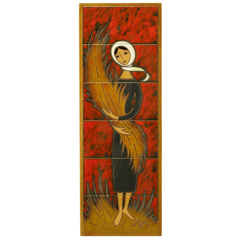 Hand Painted Ceramic Tile Art Of Woman Holding Wheat Sheaf For Sale