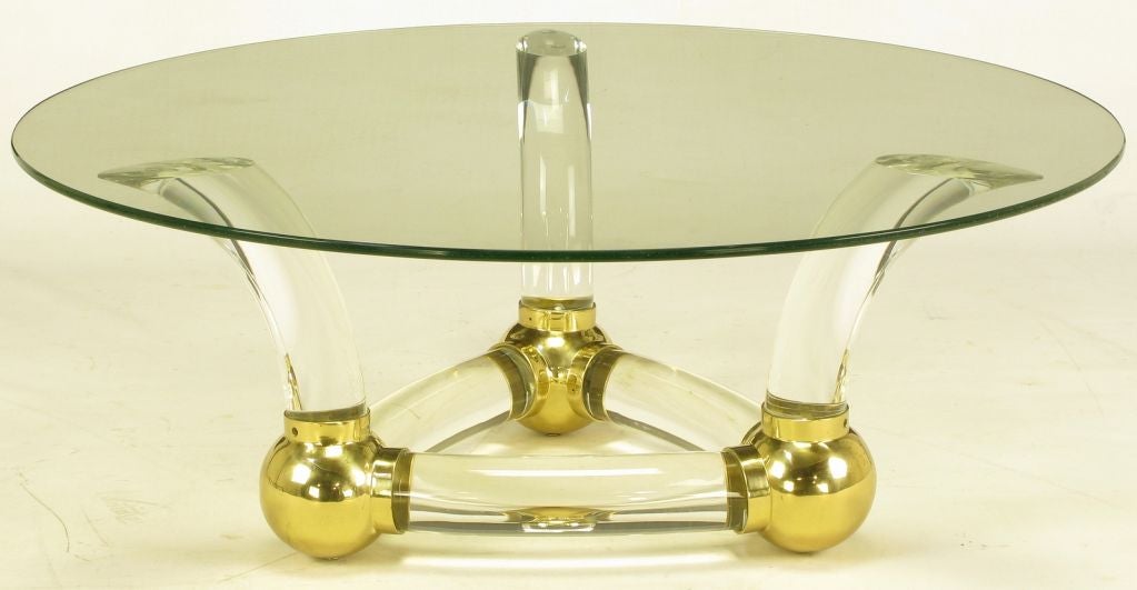 Round Coffee Table With Thick Curved Lucite & Brass Ball Base