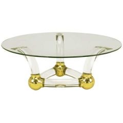 Round Coffee Table With Thick Curved Lucite & Brass Ball Base