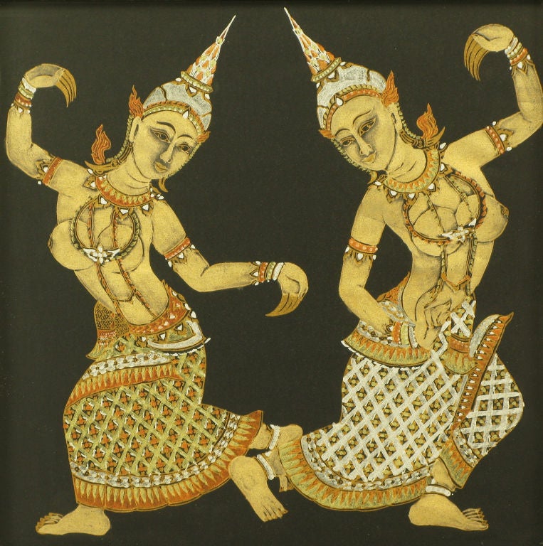 Hand painted black silk tapestry of twin Thai Buddhist goddess Parvati. Framed in a double faux bamboo frame in black lacquer and parcel gilt with a grass cloth backing. Extremely fine detailing<br />
<br />
framed 24.5