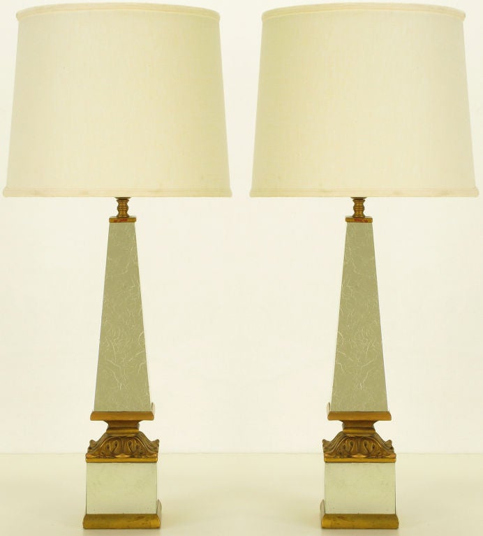 Pair Venetian Mirrored Obelisk & Gilt Wood Table Lamps
