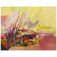 Vintage Amethyst & Yellow Abstract Oil On Canvas Titled "Everglades"