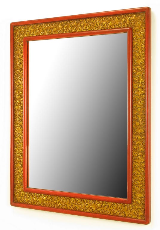 Custom Cinnabar Lacquered Wood & Gilt Filigreed Mirror