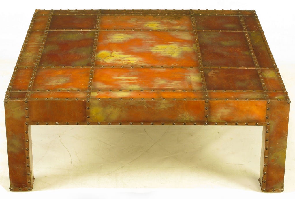 Studded & Acid Rinsed Copper Parsons Style Square Coffee Table