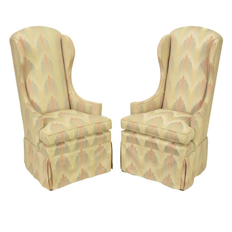 Pair Petite & Skirted Wing Chairs.