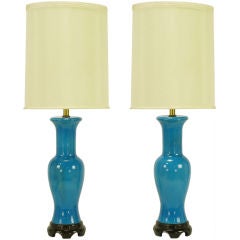 Pair Frederick Cooper Cerulean Blue Crackle Glazed Table Lamps