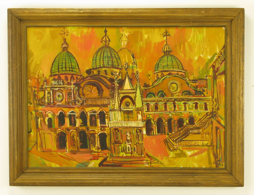 Venice at sunset. A colonnade appears to the right and in the center a spired sanctuary. In the background can be seen the four domes of St. Mark's Basilica. Signed and dated, Szuba '64.<br />
<br />
framed 37.5