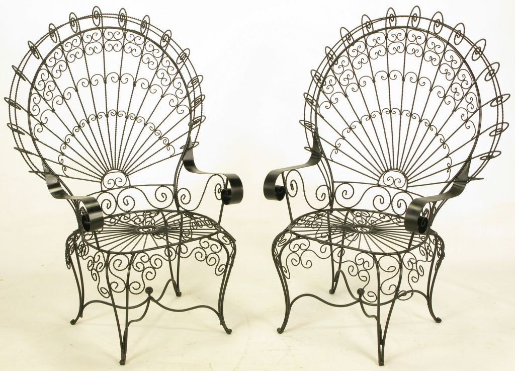 Exceptional pair of black satin lacquered iron and wire fan back garden chairs. Scrolling iron frames with twisted wire filigree and flat rolled iron arms. Backs have a wide peacock like appearance and the legs are double iron bars with a cabriole