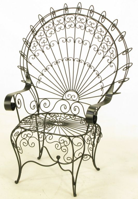 Mid-20th Century Pair Black Iron & Wire Fanback Garden Chairs