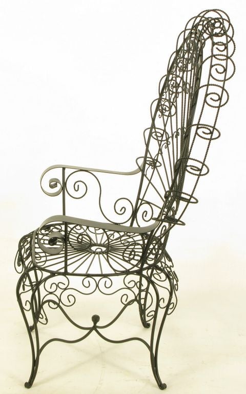 Pair Black Iron & Wire Fanback Garden Chairs 1