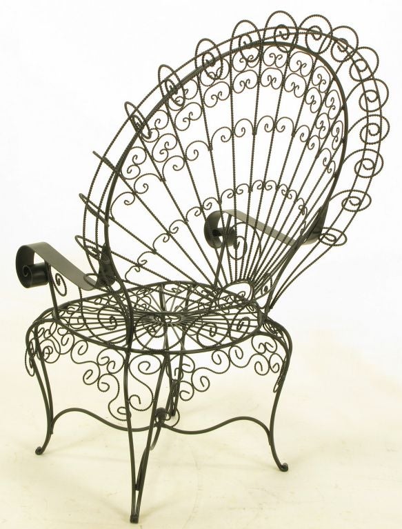 Pair Black Iron & Wire Fanback Garden Chairs 2