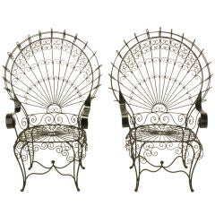 Vintage Pair Black Iron & Wire Fanback Garden Chairs