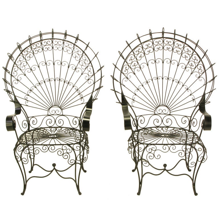 Pair Black Iron & Wire Fanback Garden Chairs