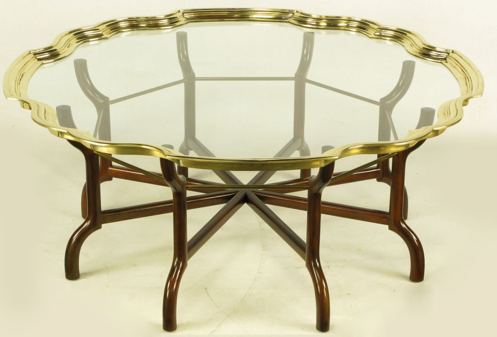 Baker Mahogany Eight-Leg Coffee Table With Brass Rim Glass Tray