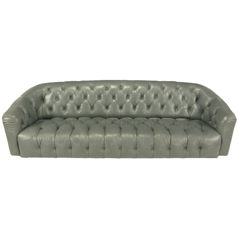 Baker Slate Grey Button-Tufted Leather Sofa