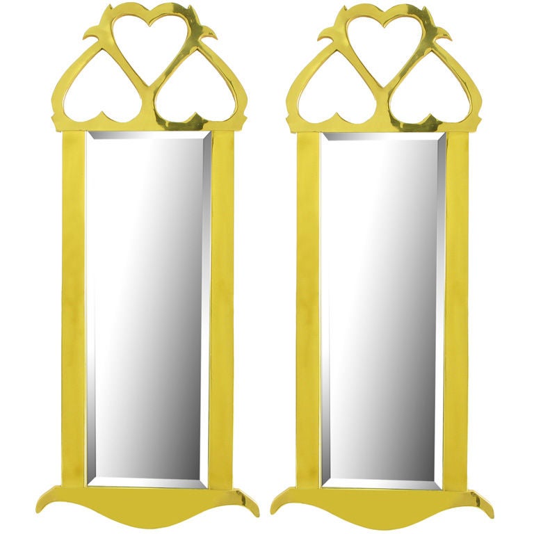 Pair Solid Brass Frame Trois Couers Mirrors