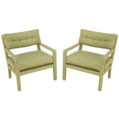 Pair Sage Green Fully Upholstered Arm Chairs After Milo Baughman