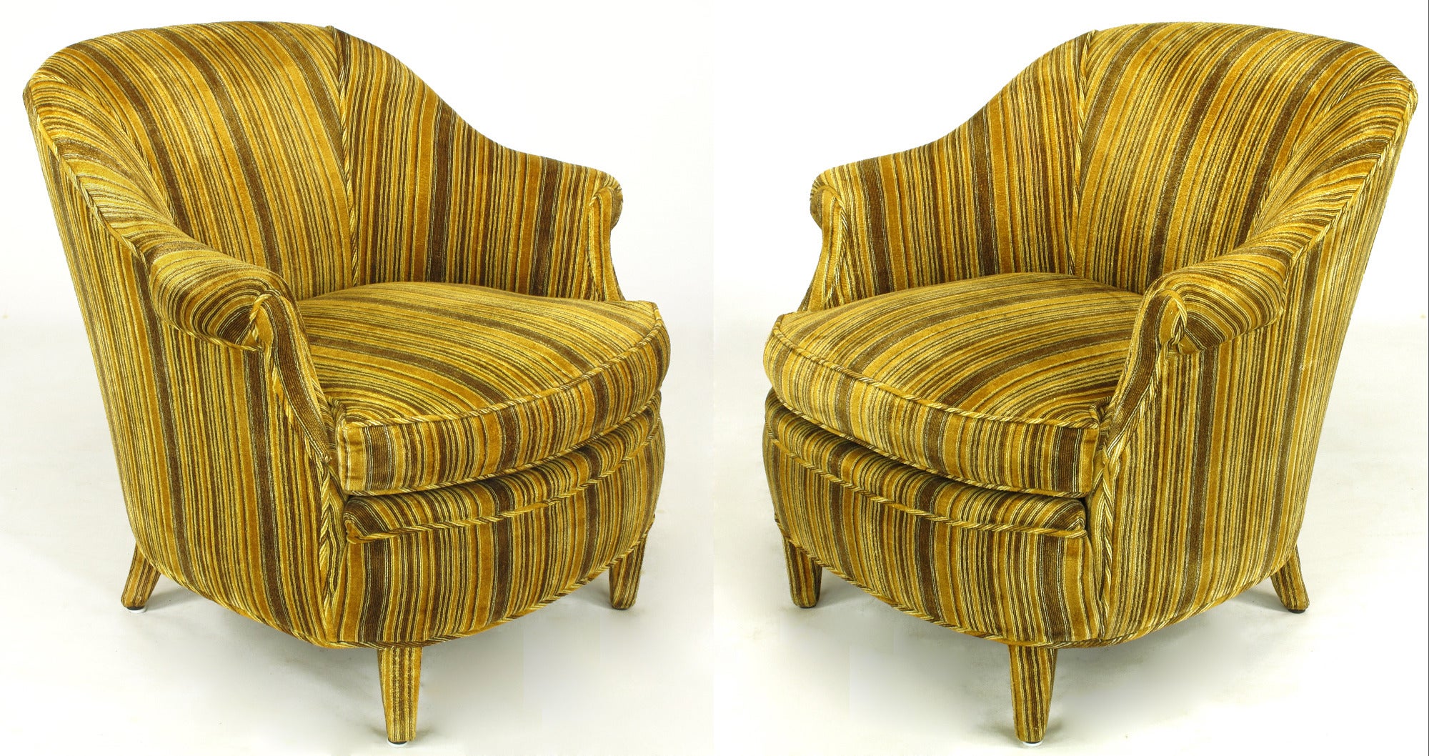 Pair Striped Velvet Lounge Chairs With Upholstered Legs