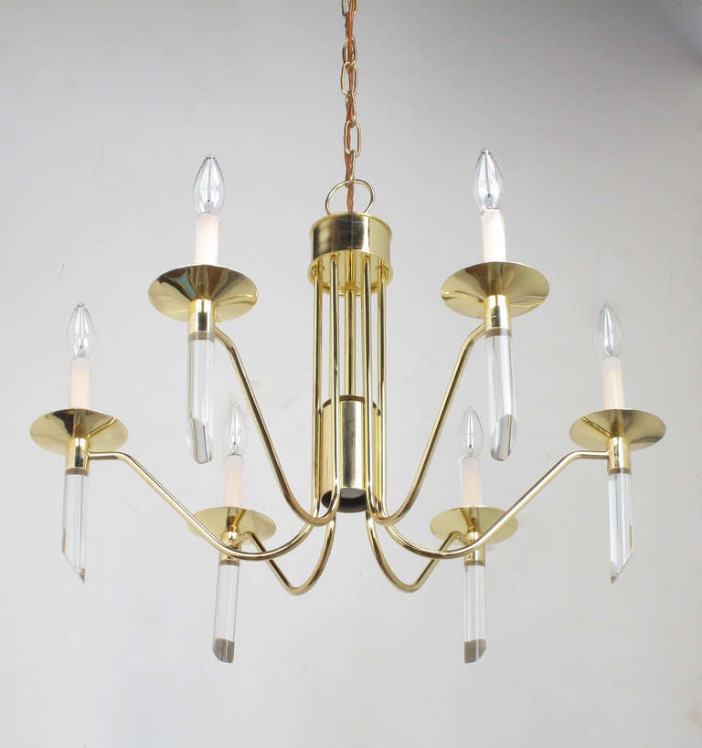 American Seven Light Brass & Lucite Chandelier With Brass Shades For Sale