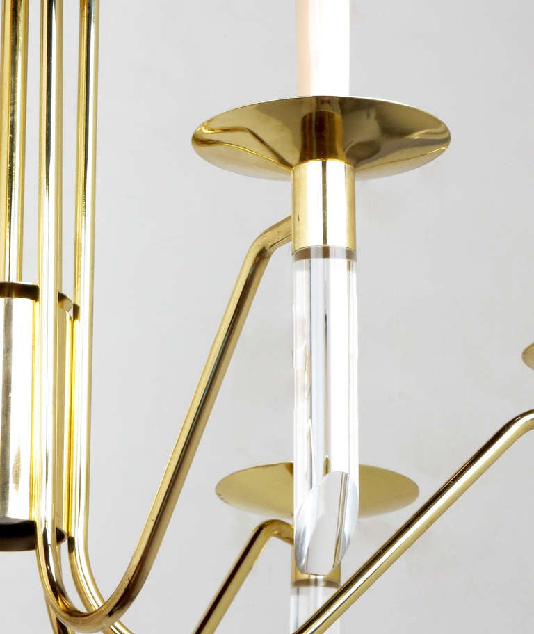 20th Century Seven Light Brass & Lucite Chandelier With Brass Shades For Sale