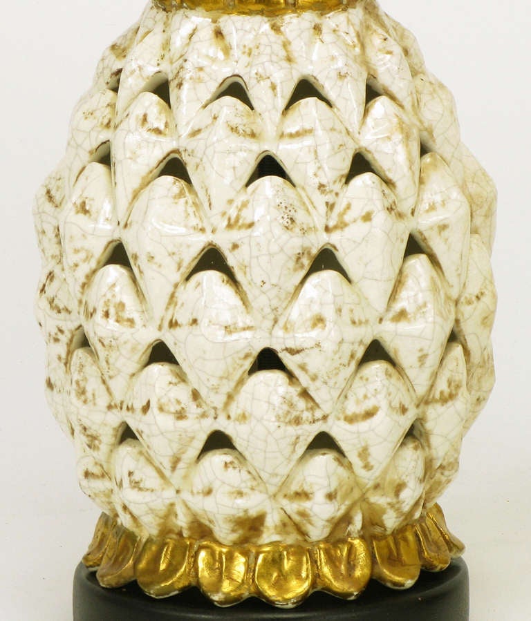 Mid-20th Century Pair Reticulated Pottery Pineapple-Form Table Lamps