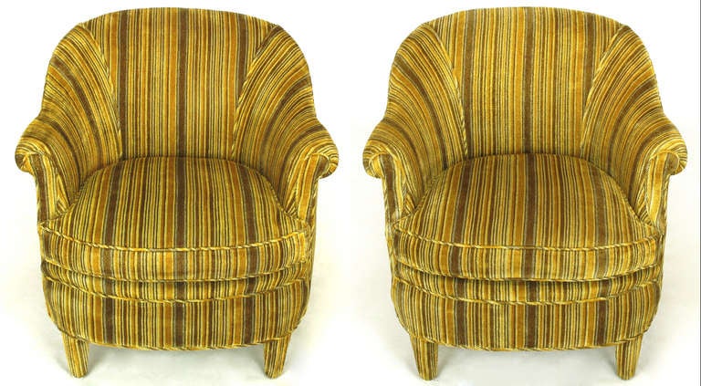 American Pair Striped Velvet Lounge Chairs With Upholstered Legs