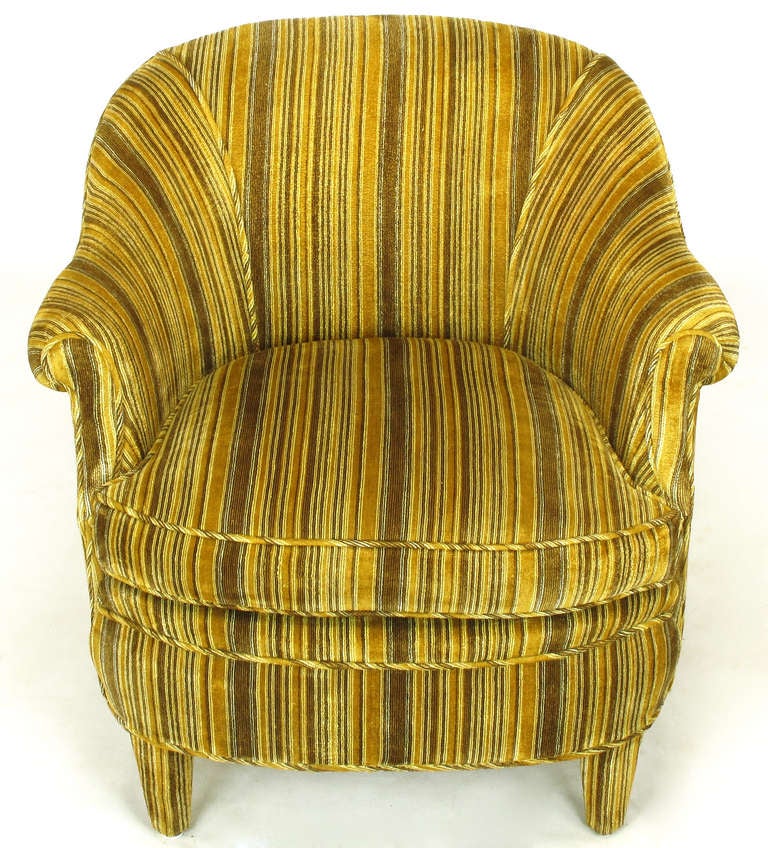 Pair Striped Velvet Lounge Chairs With Upholstered Legs In Good Condition In Chicago, IL